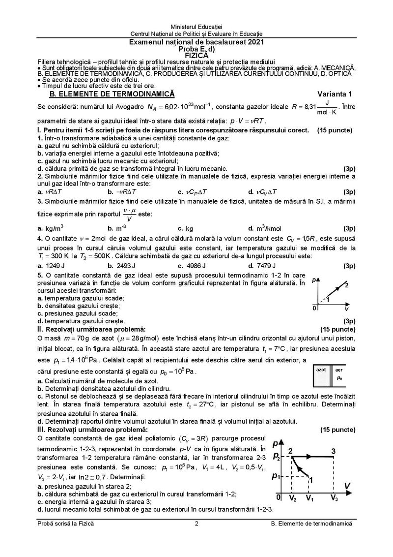 Subiecte BAC 2021. Proba la alegere: Fizică - profil tehnologic
