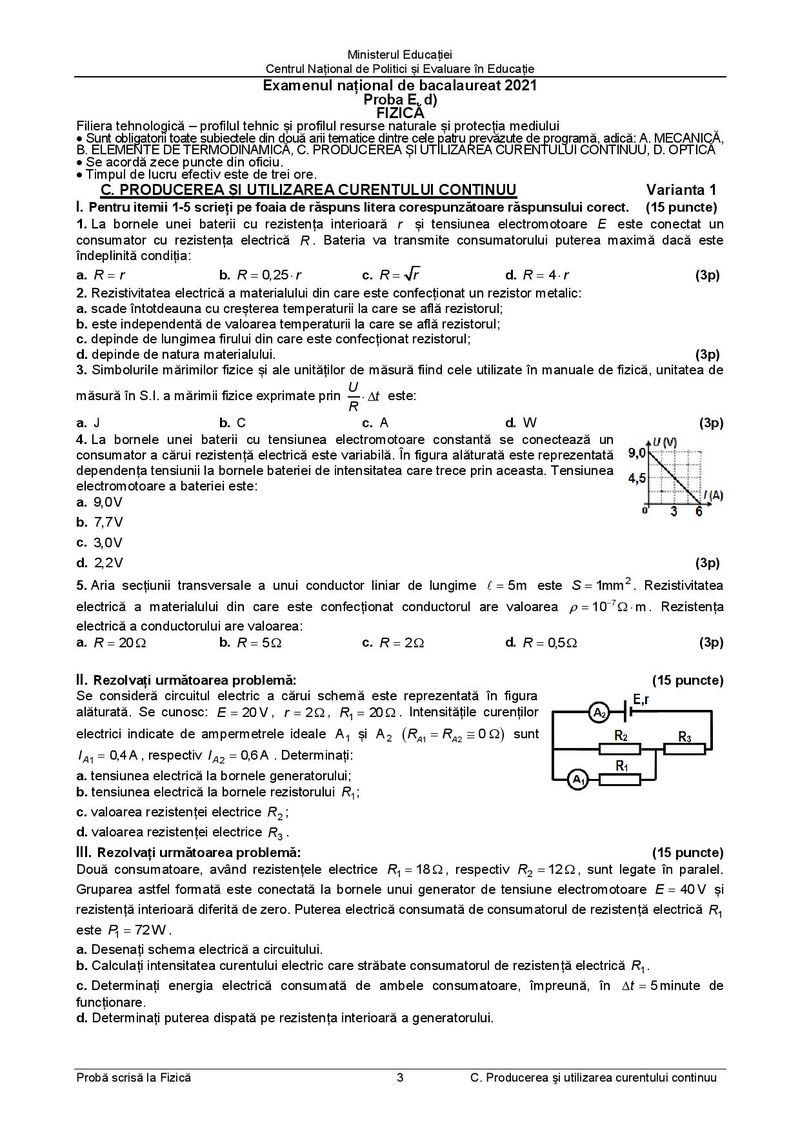 Subiecte BAC 2021. Proba la alegere: Fizică - profil tehnologic
