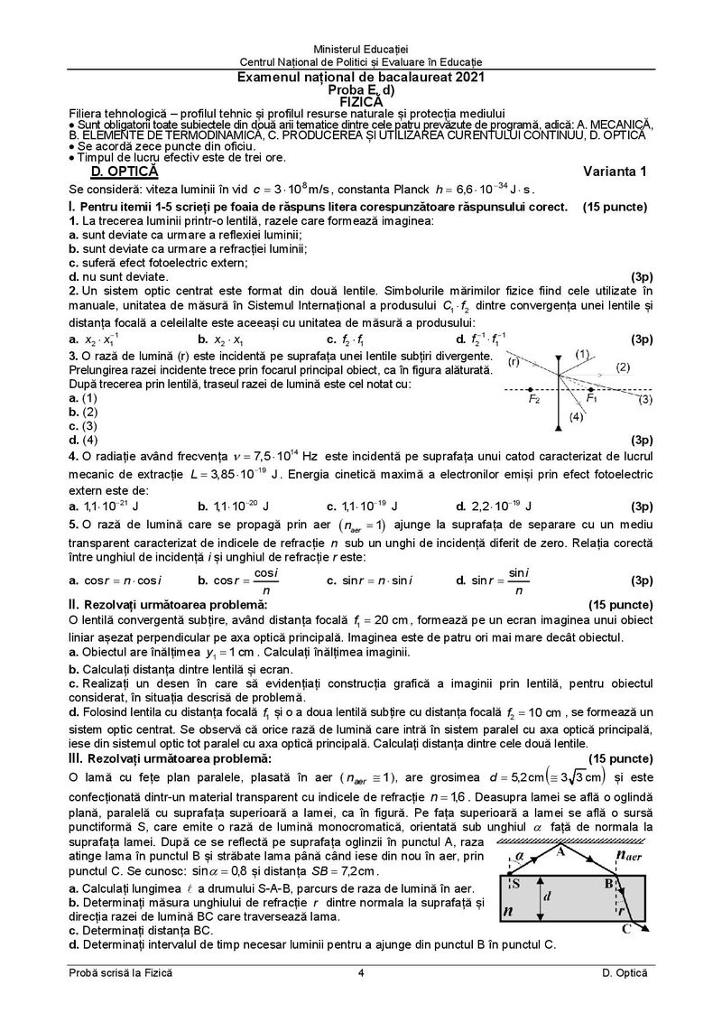 Subiecte BAC 2021. Proba la alegere: Fizică - profil tehnologic