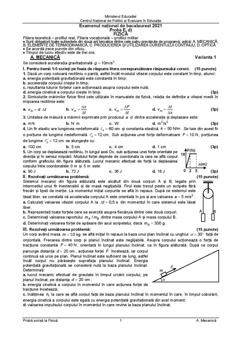 Subiecte BAC 2021. Proba la alegere: Fizică- profil teoretic
