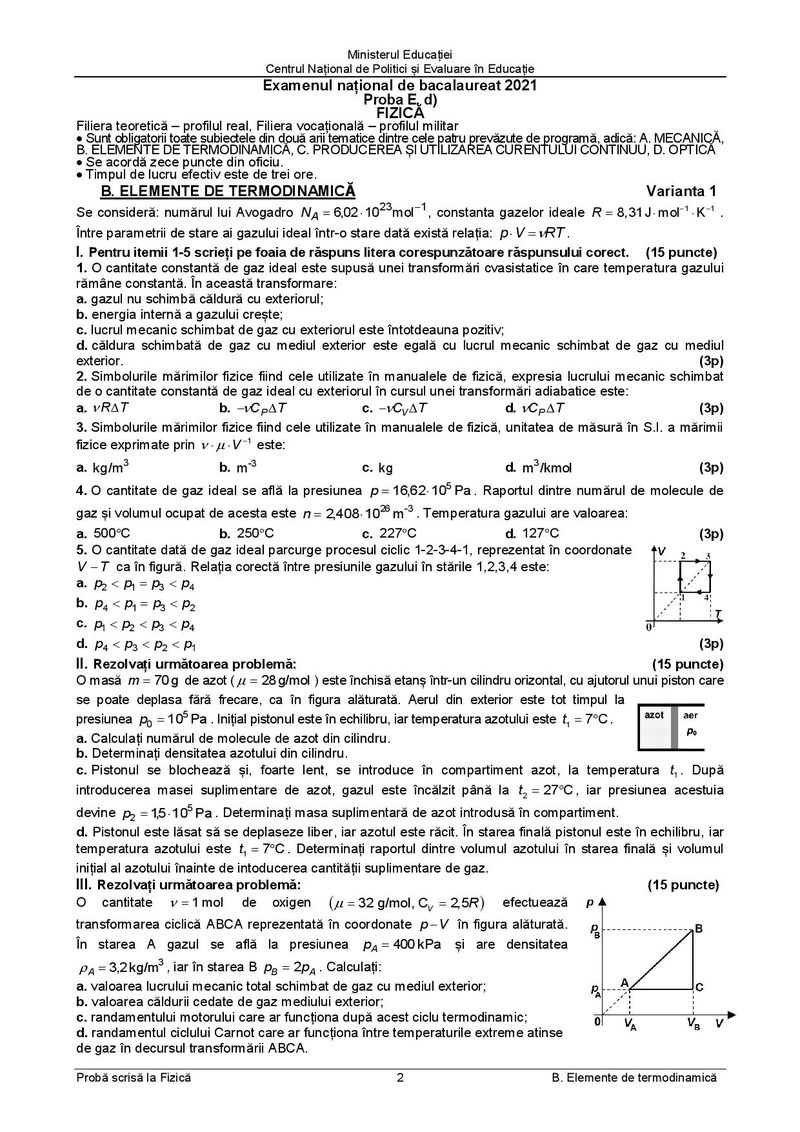 Subiecte BAC 2021. Proba la alegere: Fizică- profil teoretic