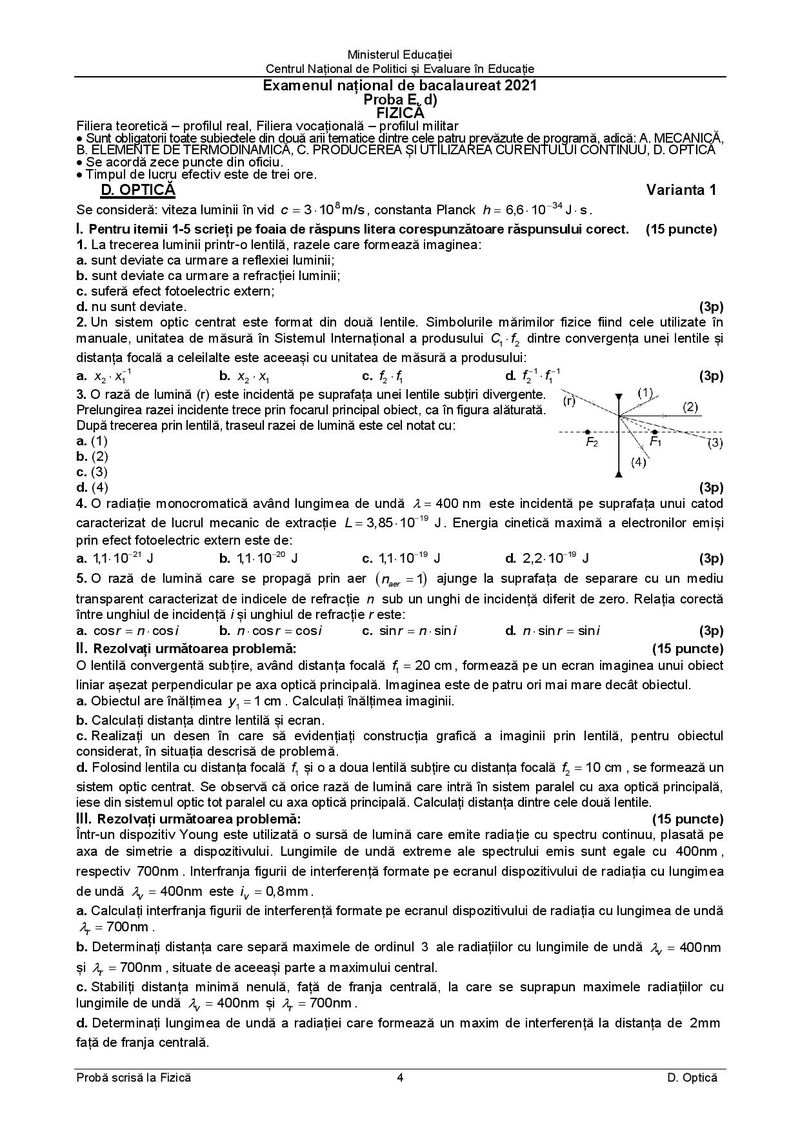 Subiecte BAC 2021. Proba la alegere: Fizică- profil teoretic