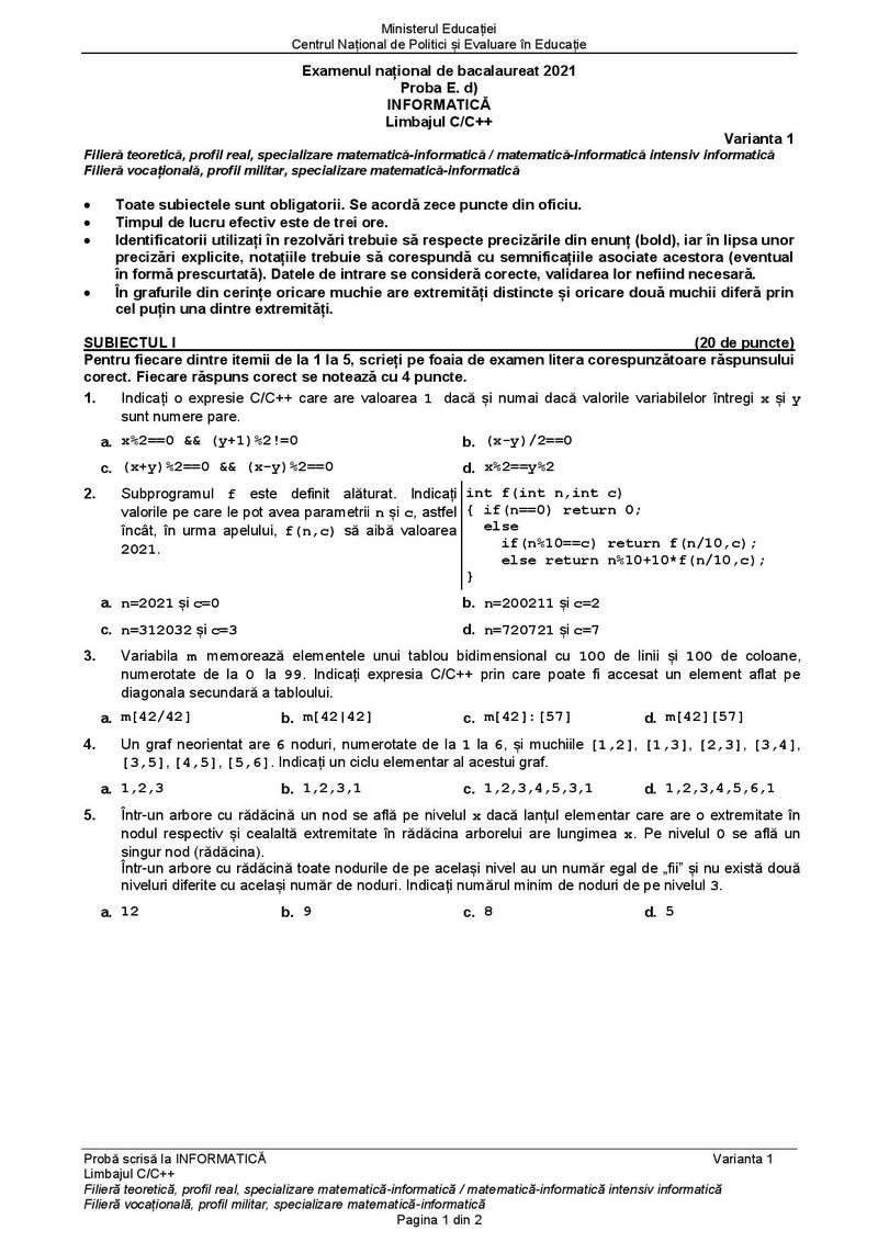 Subiecte BAC 2021. Proba la alegere: Informatică -specializare matematică-informatică&nbsp;