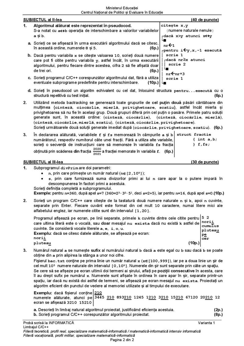 Subiecte BAC 2021. Proba la alegere: Informatică -specializare matematică-informatică&nbsp;