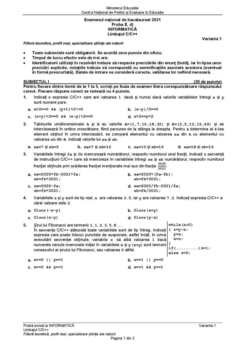 Subiecte BAC 2021. Proba la alegere: Informatică - specializare științe ale naturii