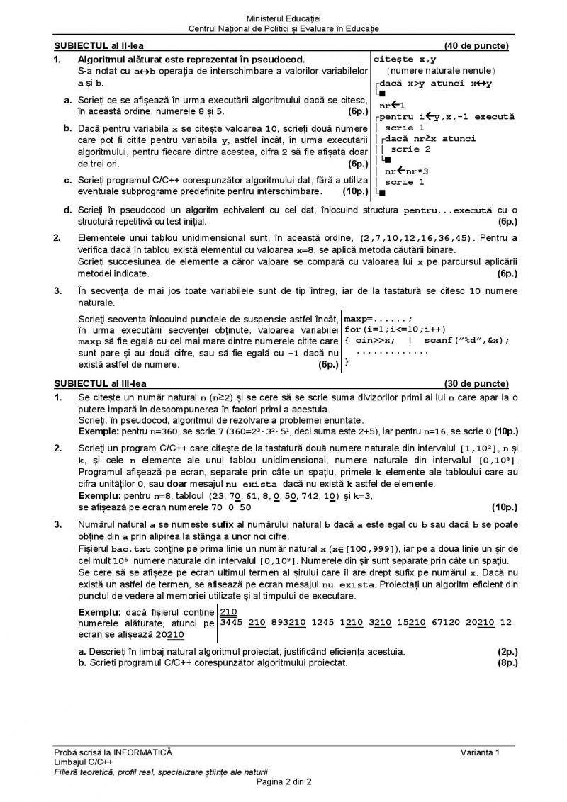 Subiecte BAC 2021. Proba la alegere: Informatică - specializare științe ale naturii