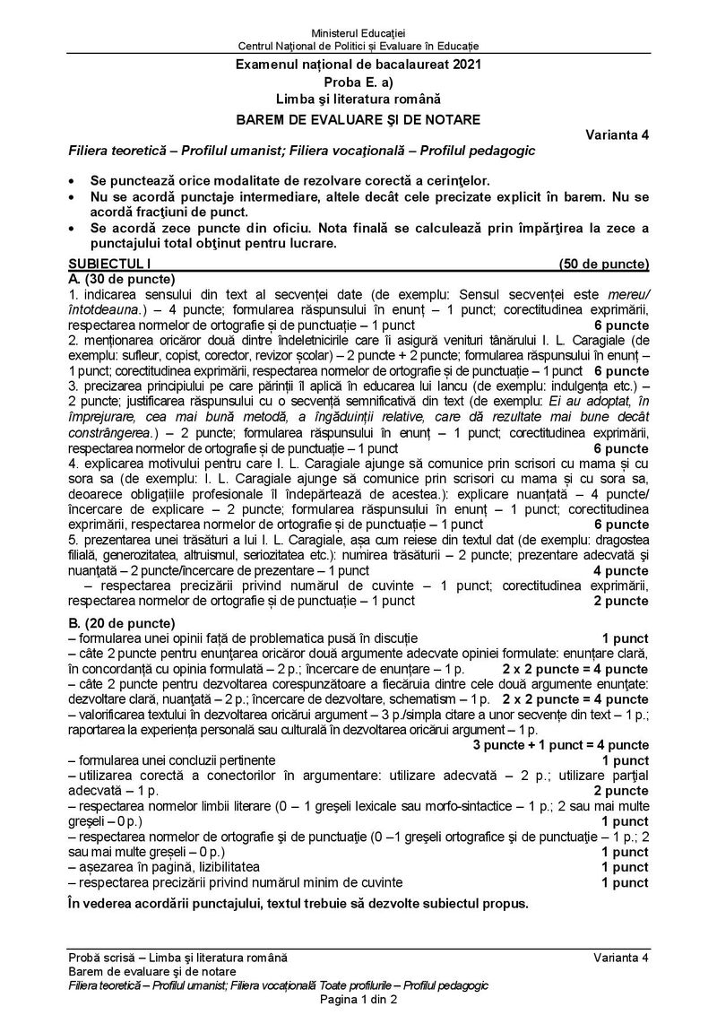 Barem română Bacalaureat 2021 – Profil uman