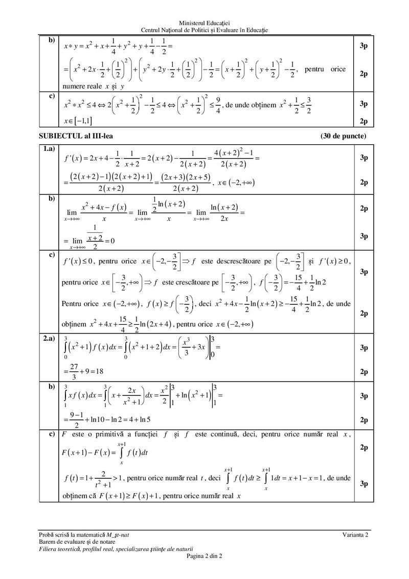 Barem subiecte matematică Bac 2021 &ndash; specializarea științe ale naturii