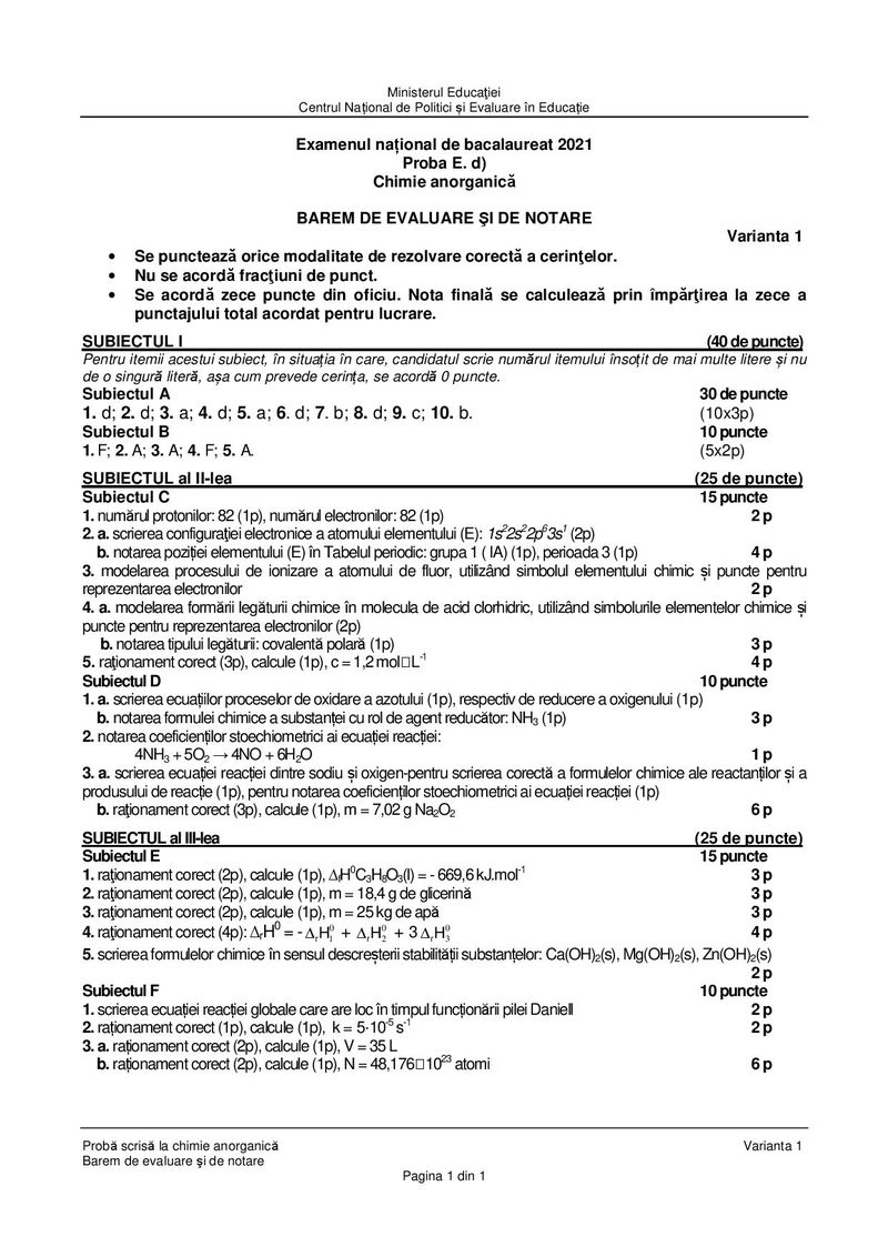 Barem BAC 2021. Proba la alegere: Chimie anorganică