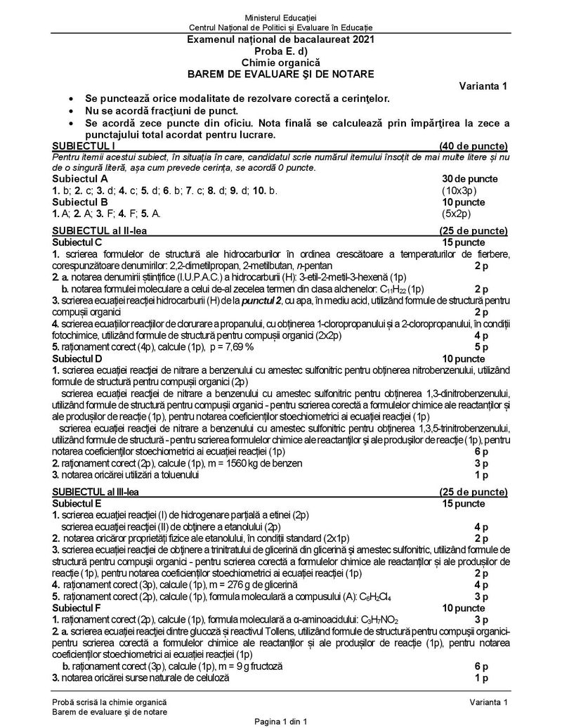 Barem BAC 2021. Proba la alegere: Chimie organică