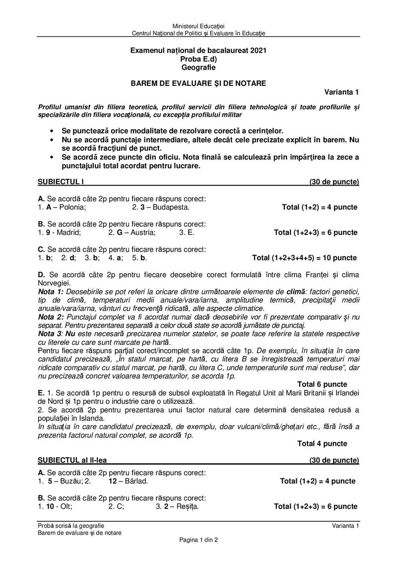 Barem Geografie BAC 2021