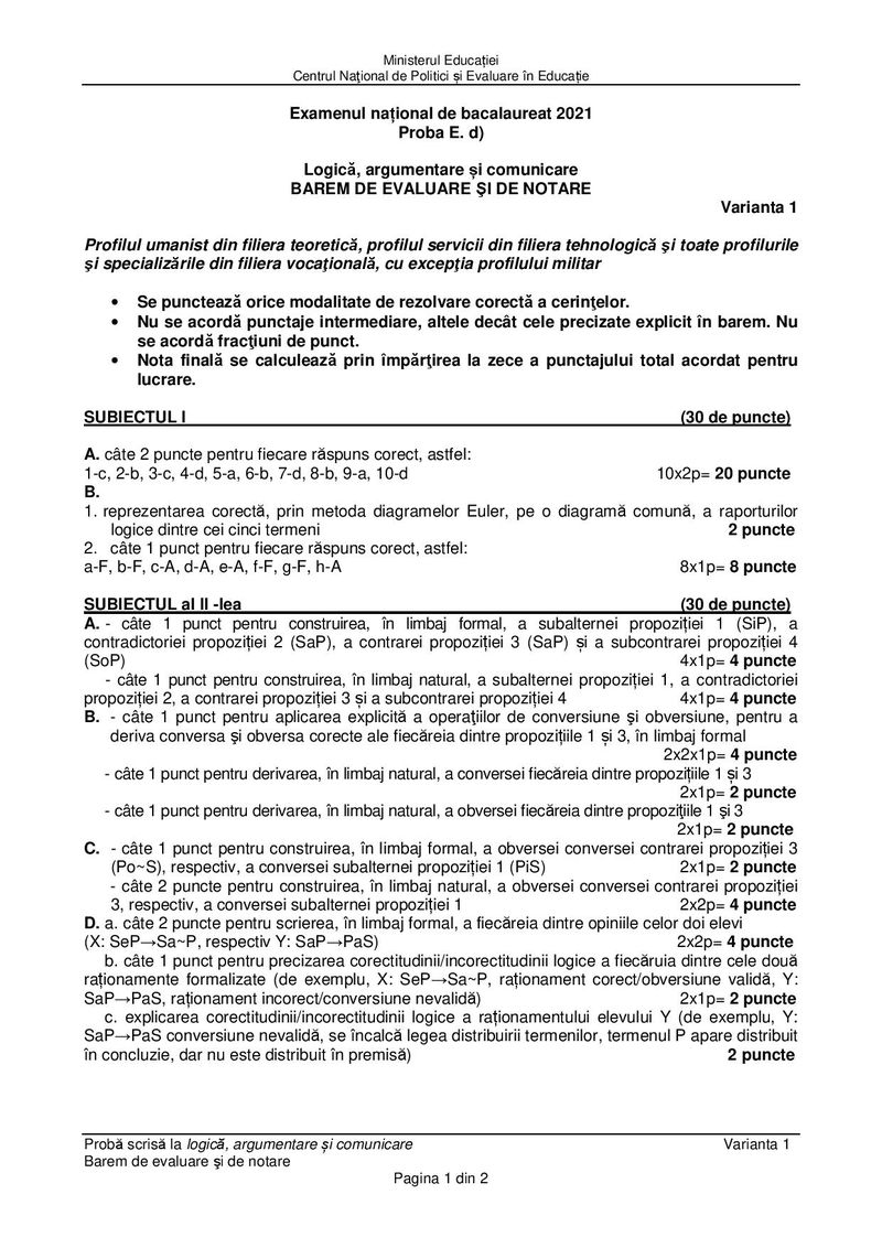 Barem Logică şi argumentare BAC 2021