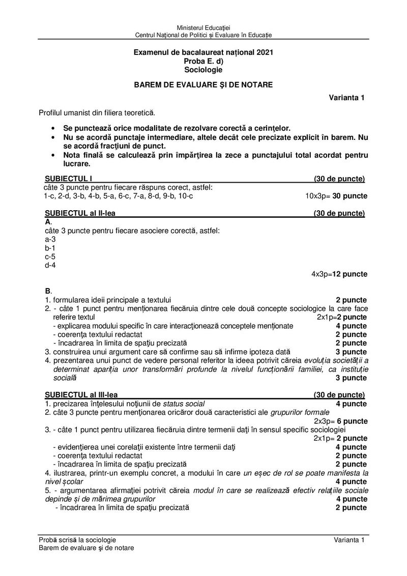 Barem Sociologie BAC 2021