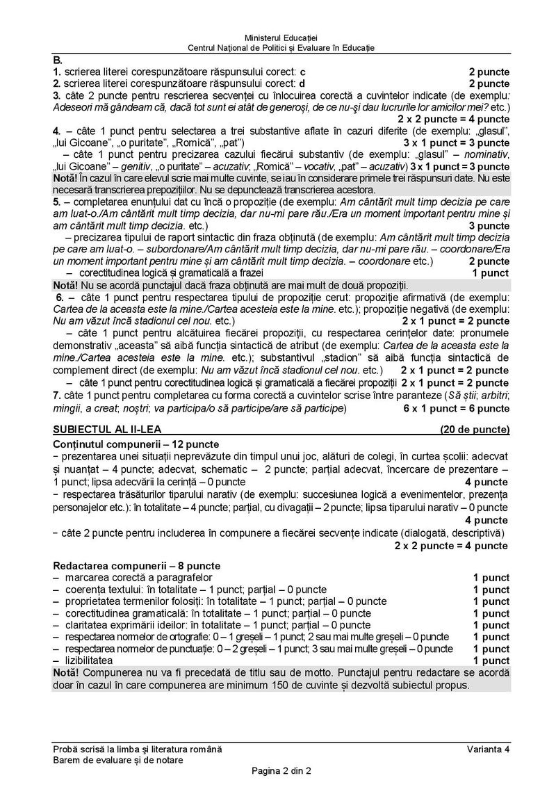 Barem Română la Evaluarea Națională 2021