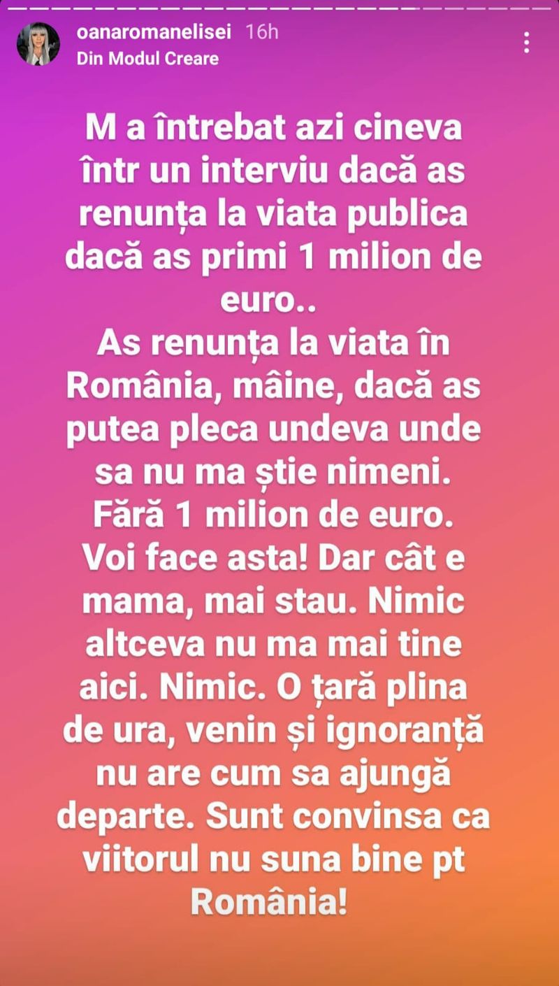  Oana Roman dorește să plece din România pe viitor.