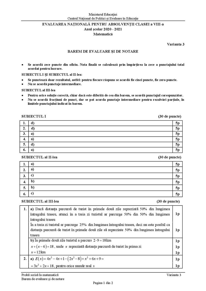 Barem Matematică Evaluare Națională 2021