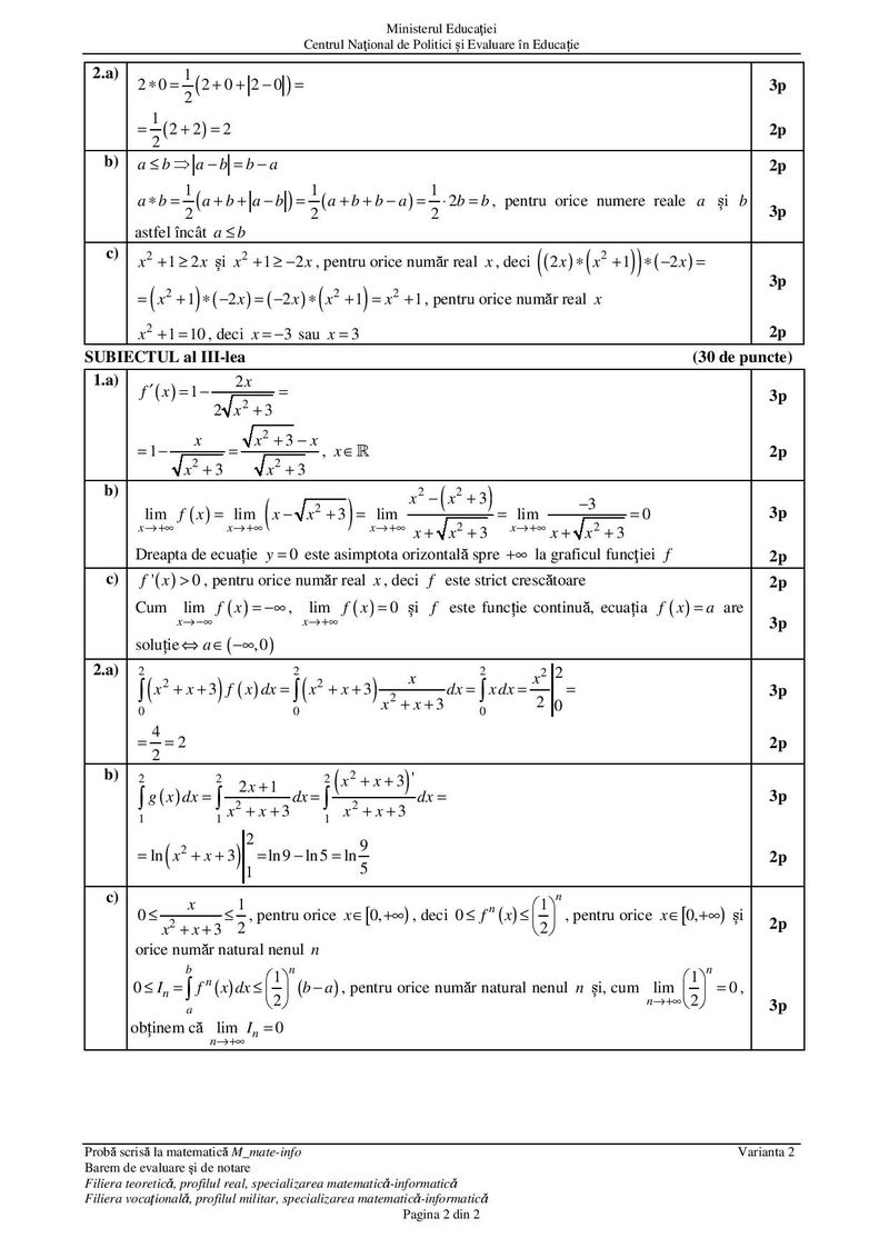 Barem subiecte matematică Bac 2021 – specializarea mate-info