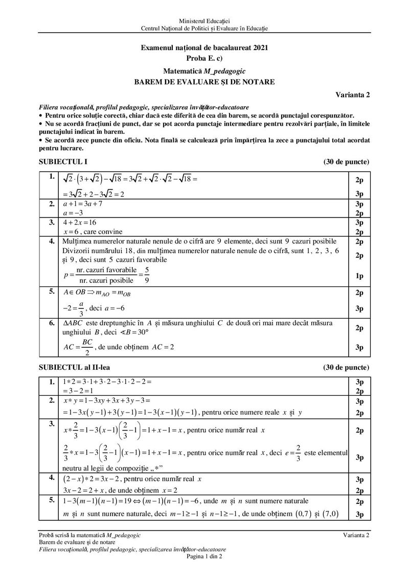 Barem subiecte matematică Bac 2021 – specializarea profil pedagogic