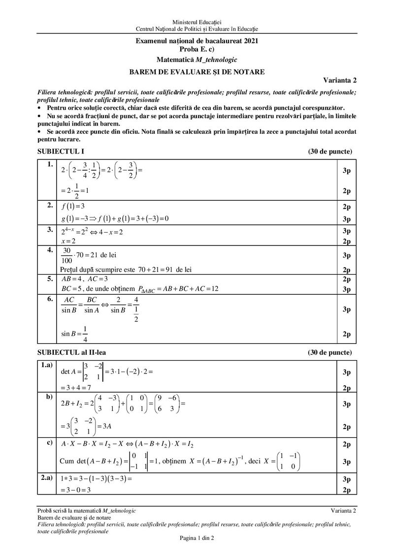 Barem subiecte matematică Bac 2021 – specializarea profil tehnologic
