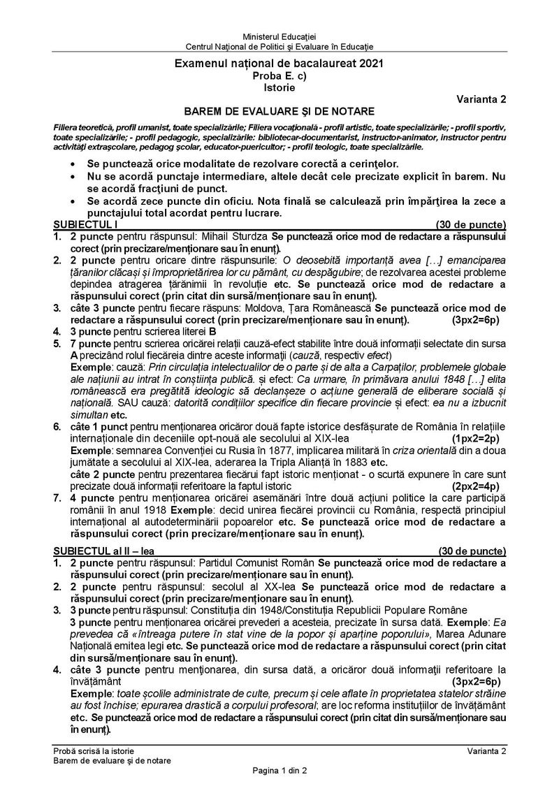 Barem Istorie Bacalaureat 2021