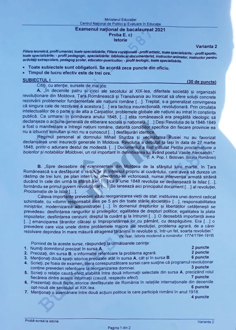 Subiecte Istorie Bacalaureat 2021