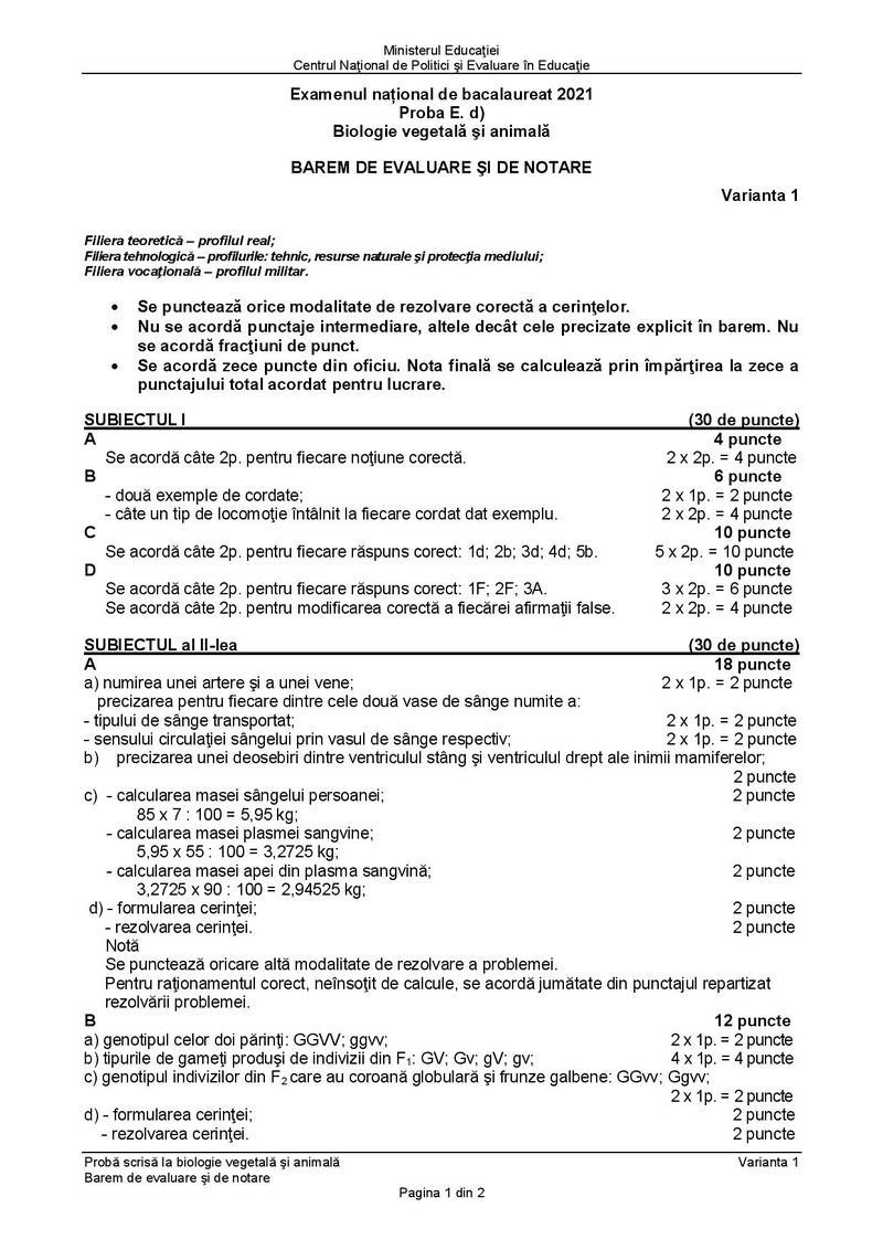 Barem BAC 2021. Proba la alegere: Biologie vegetală