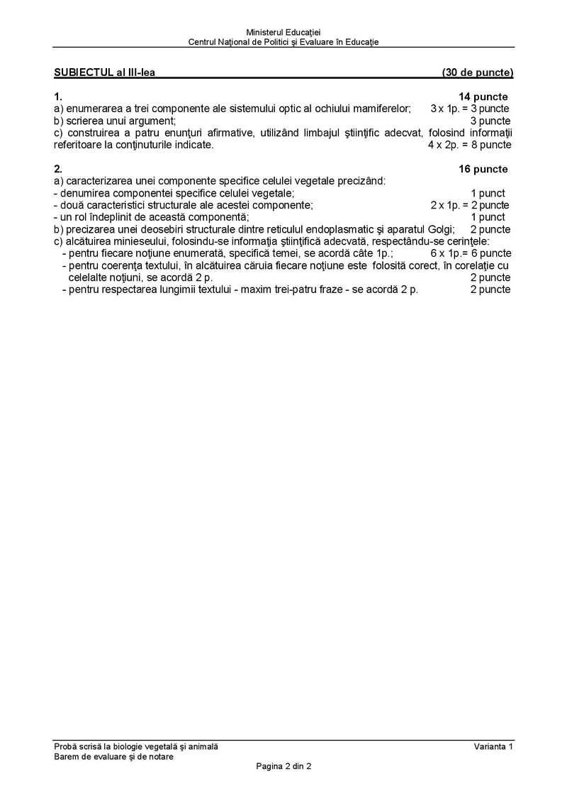 Barem BAC 2021. Proba la alegere: Biologie vegetală
