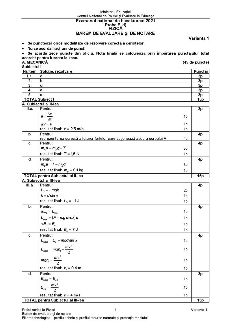 Barem BAC 2021. Proba la alegere: Fizică - profil tehnologic
