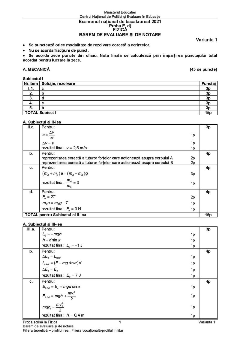 Barem BAC 2021. Proba la alegere: Fizică- profil teoretic