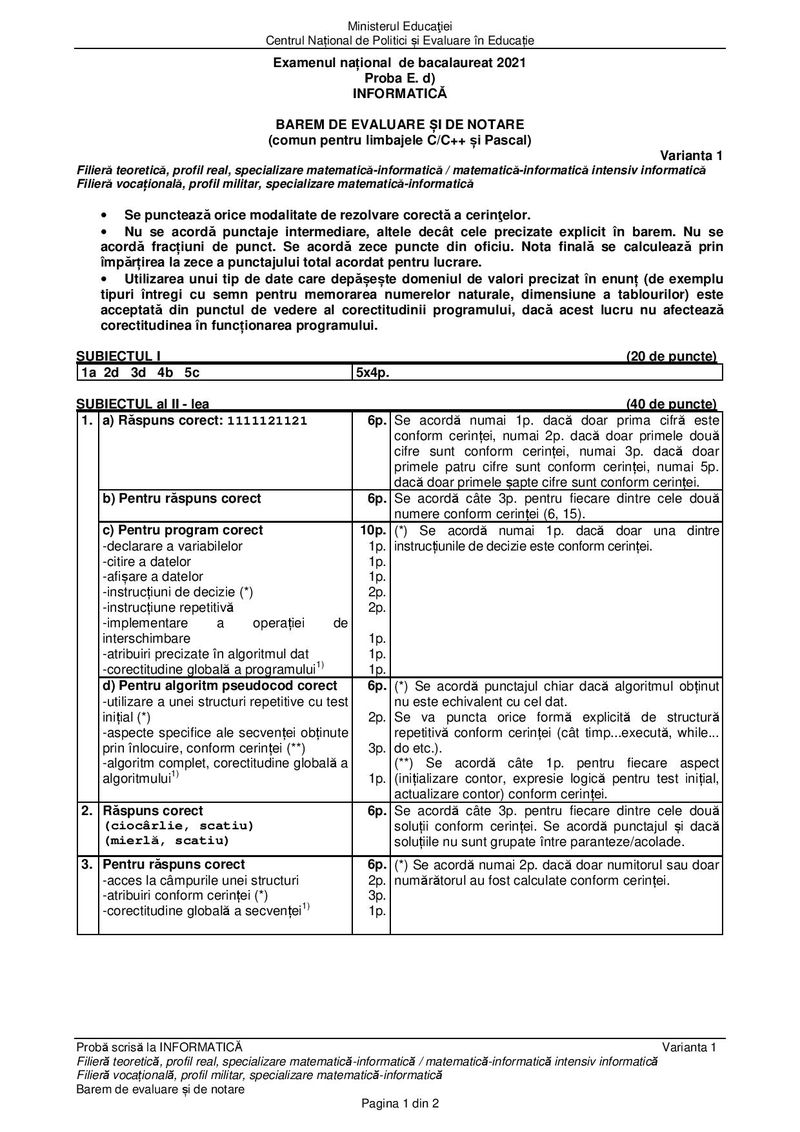 Barem BAC 2021. Proba la alegere: Informatică -specializare matematică-informatică&nbsp;