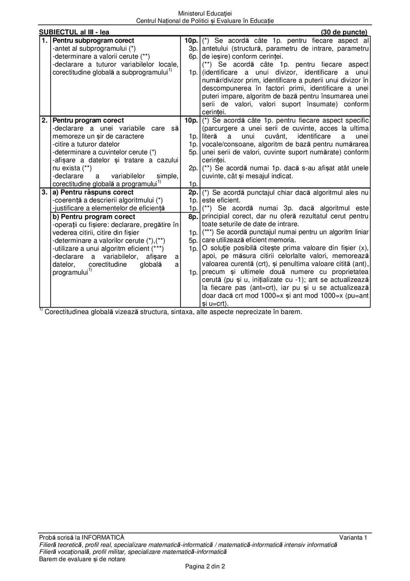 Barem BAC 2021. Proba la alegere: Informatică -specializare matematică-informatică&nbsp;