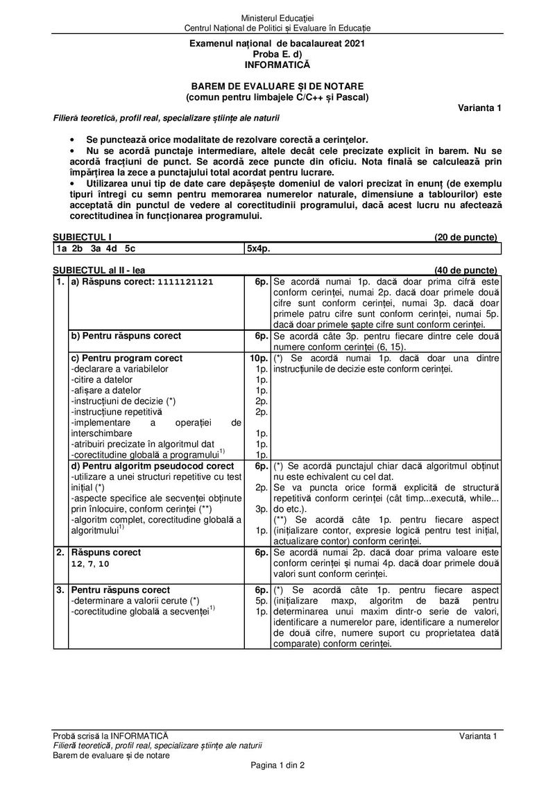 Barem BAC 2021. Proba la alegere: Informatică - specializare științe ale naturii