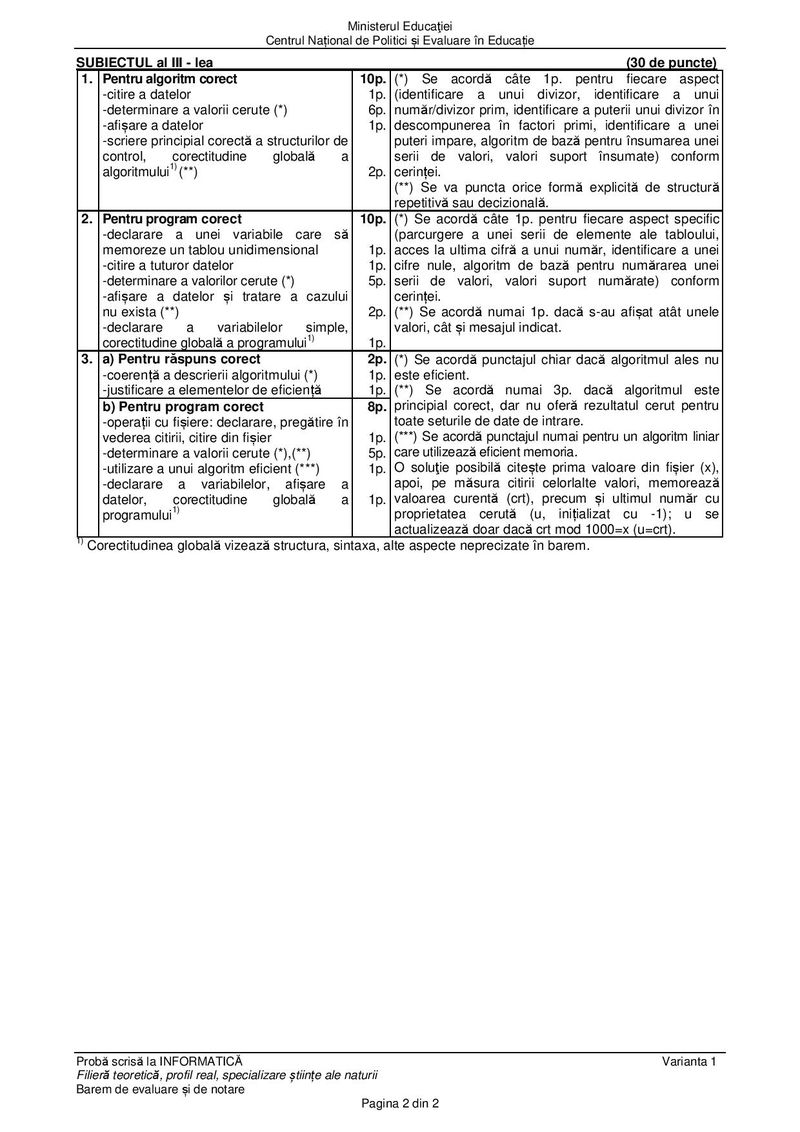 Barem BAC 2021. Proba la alegere: Informatică - specializare științe ale naturii