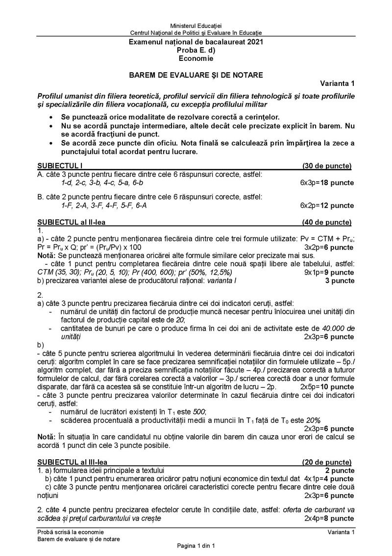 Barem BAC 2021. Proba la alegere: Economie