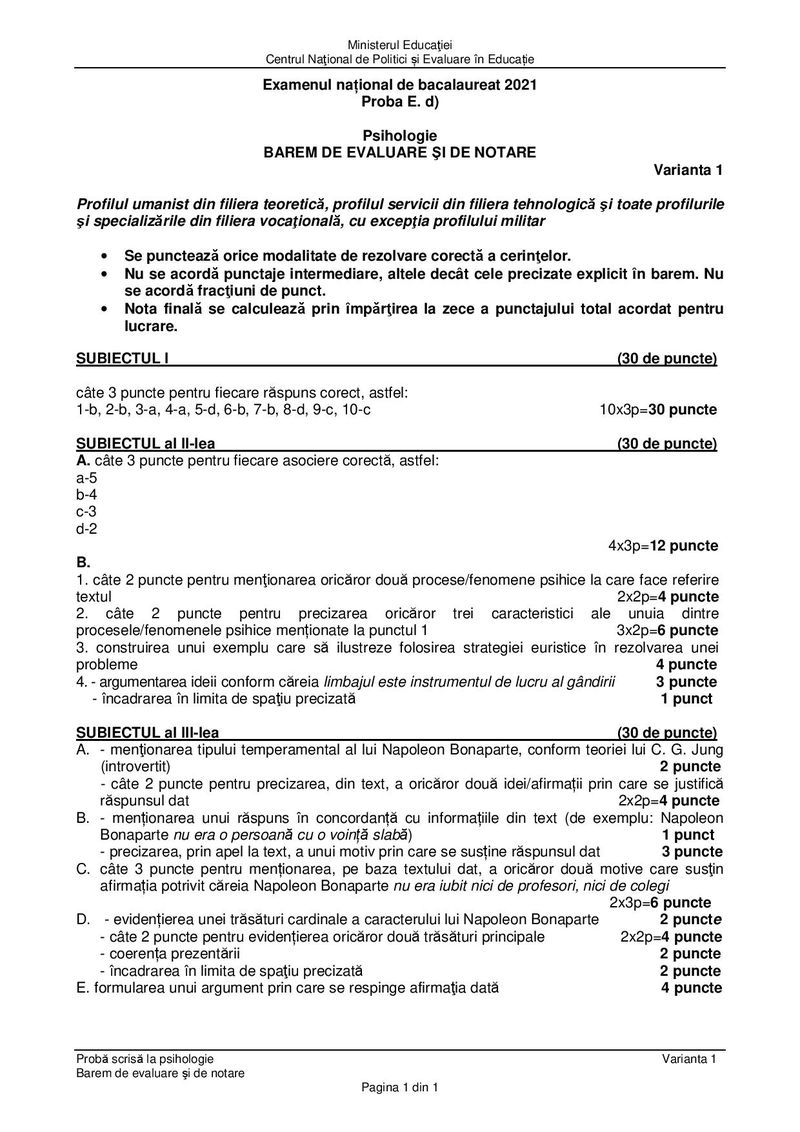 Barem BAC 2021. Proba la alegere: Psihologie