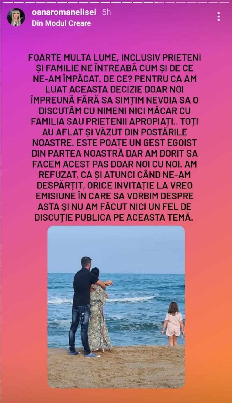 Oana Roman a oferit câteva declarații despre motivul împăcării