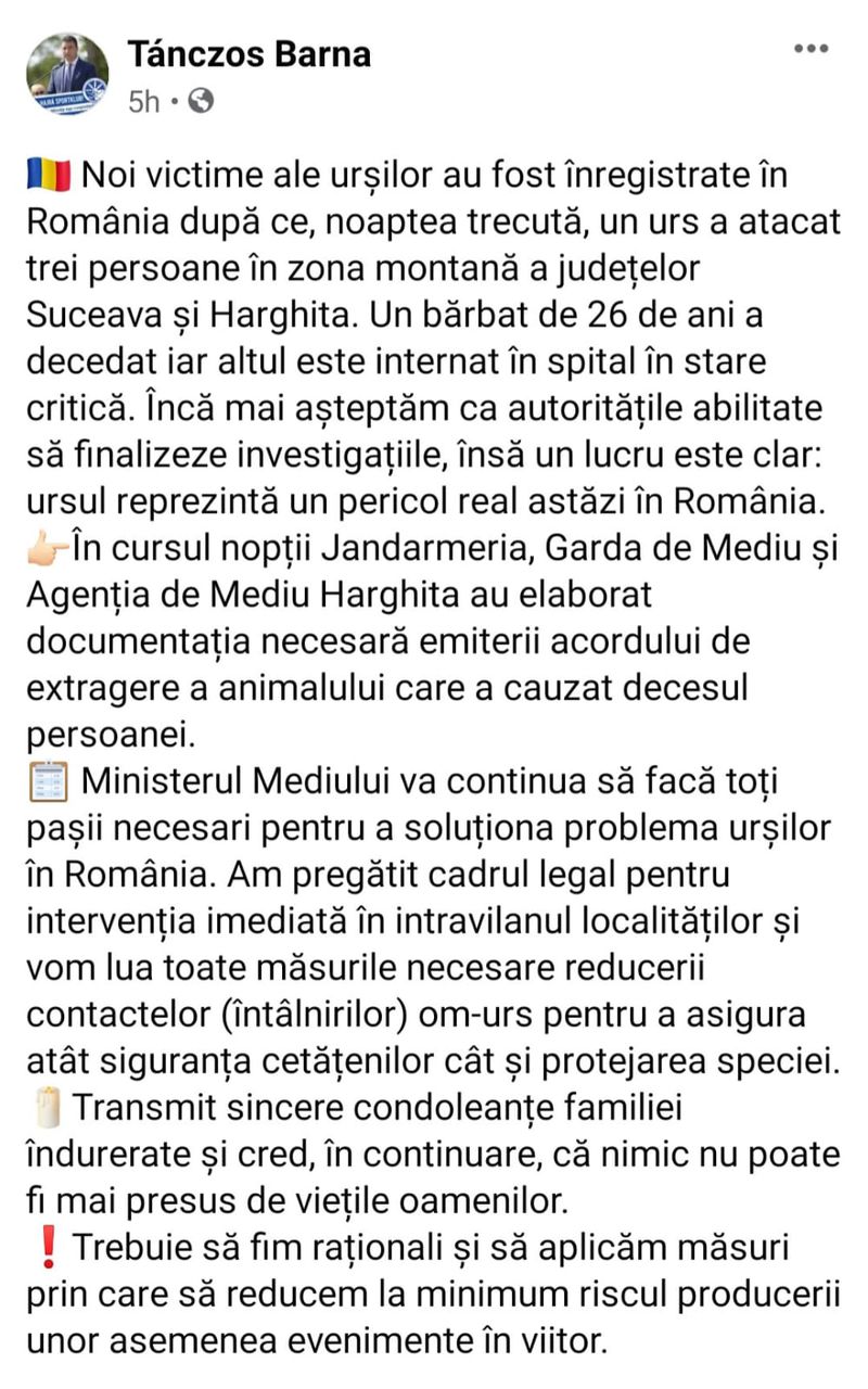 Ministrul Mediului a decis ca ursul atacator să fie ucis