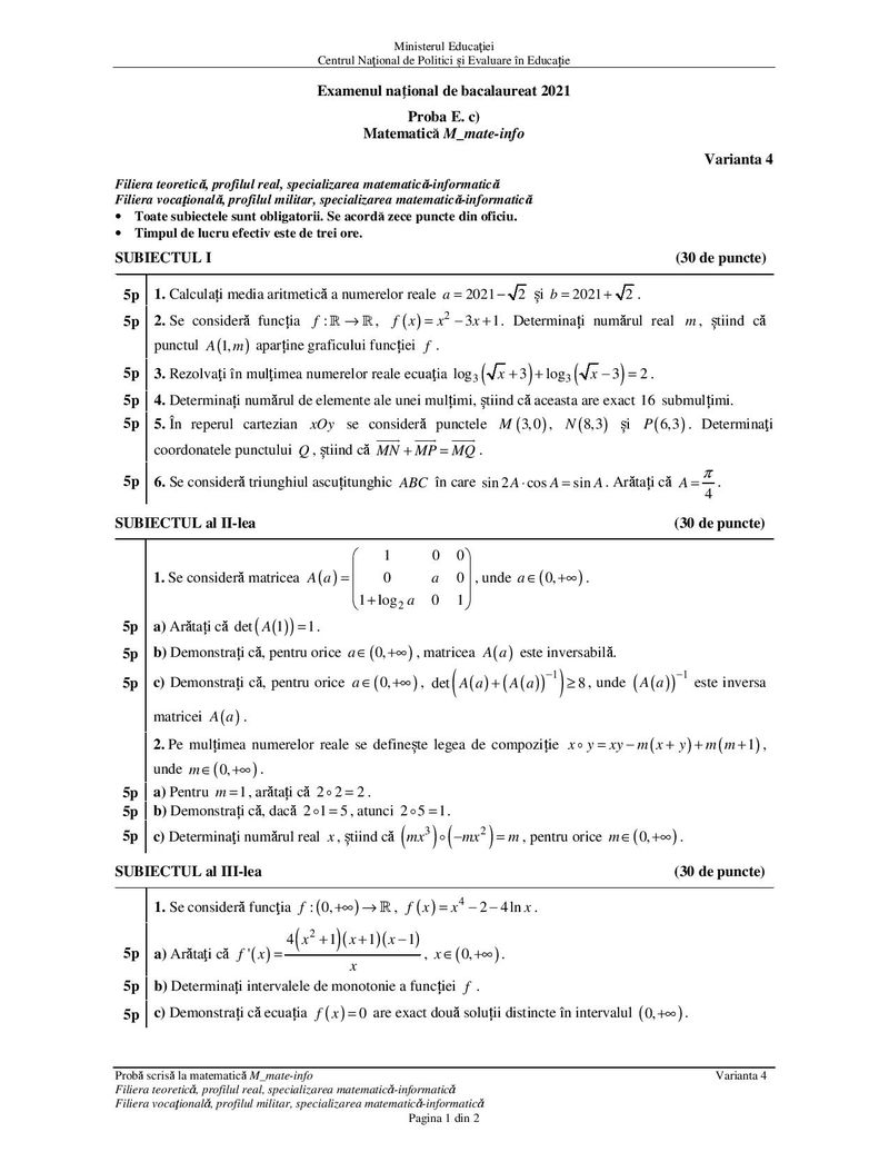 Subiecte Matematică Bacalaureat 2021, sesiunea de toamnă