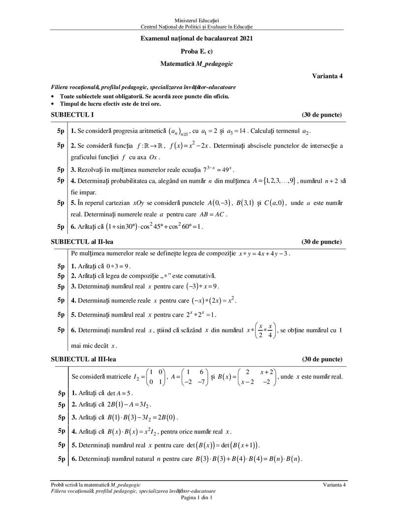 Subiecte Matematică Bacalaureat 2021, sesiunea de toamnă