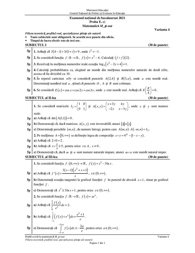 Subiecte Matematică Bacalaureat 2021, sesiunea de toamnă