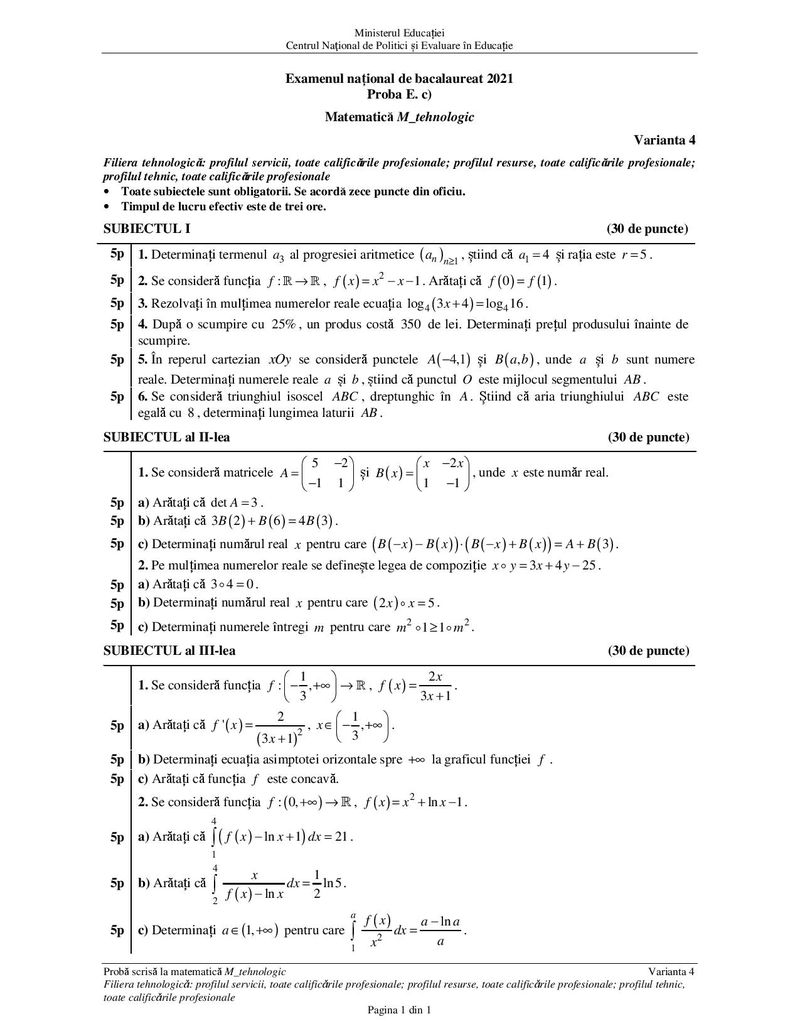 Subiecte Matematică Bacalaureat 2021, sesiunea de toamnă