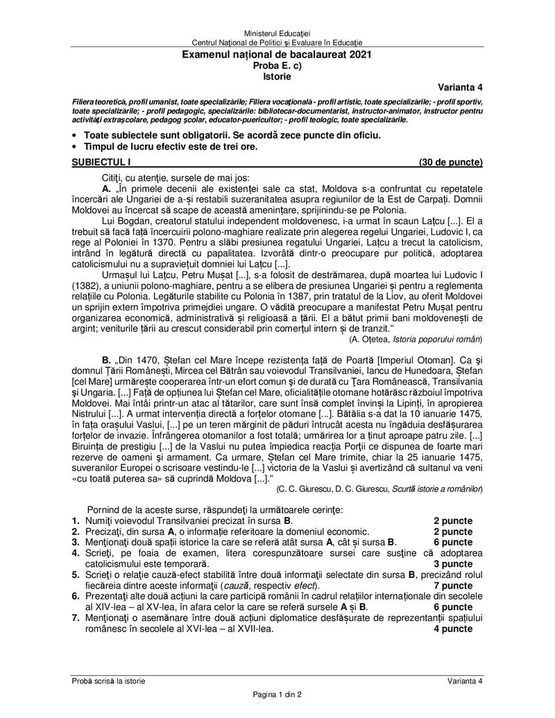 Subiecte Istorie Bacalaureat 2021, sesiunea de toamnă