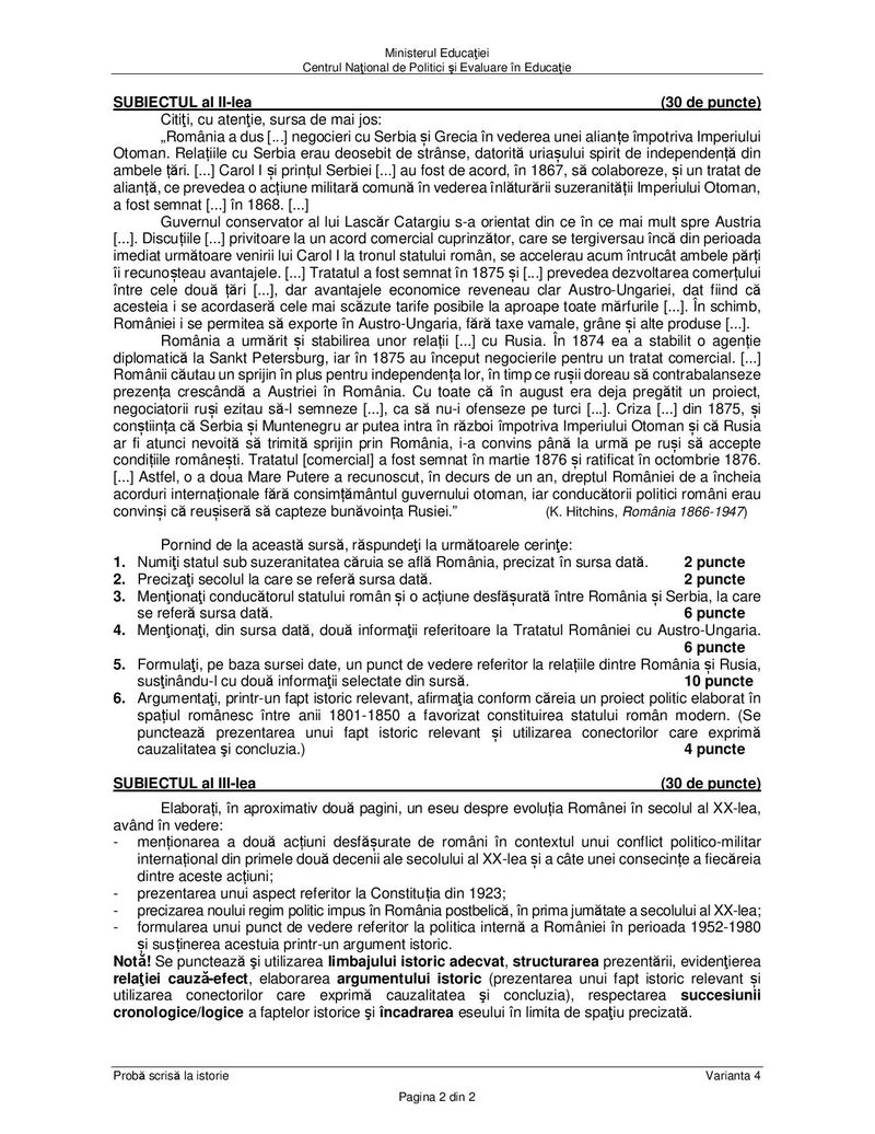 Subiecte Istorie Bacalaureat 2021, sesiunea de toamnă