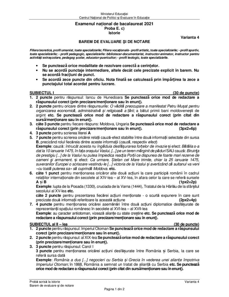 Barem Istorie Bacalaureat sesiunea de toamnă 2021