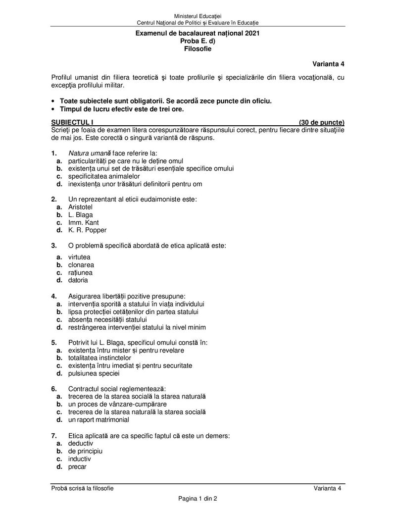 Subiecte BACALAUREAT 2021, sesiunea de toamna - Proba la alegere, profil uman