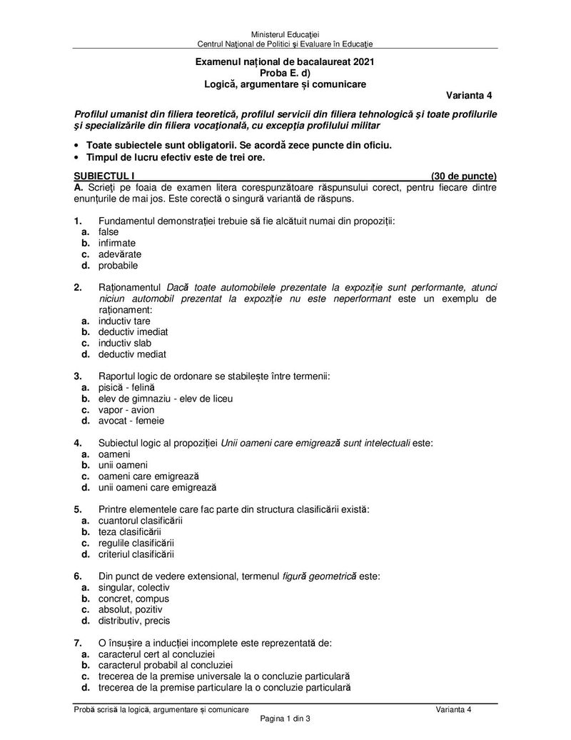 Subiecte BACALAUREAT 2021, sesiunea de toamna - Proba la alegere, profil uman