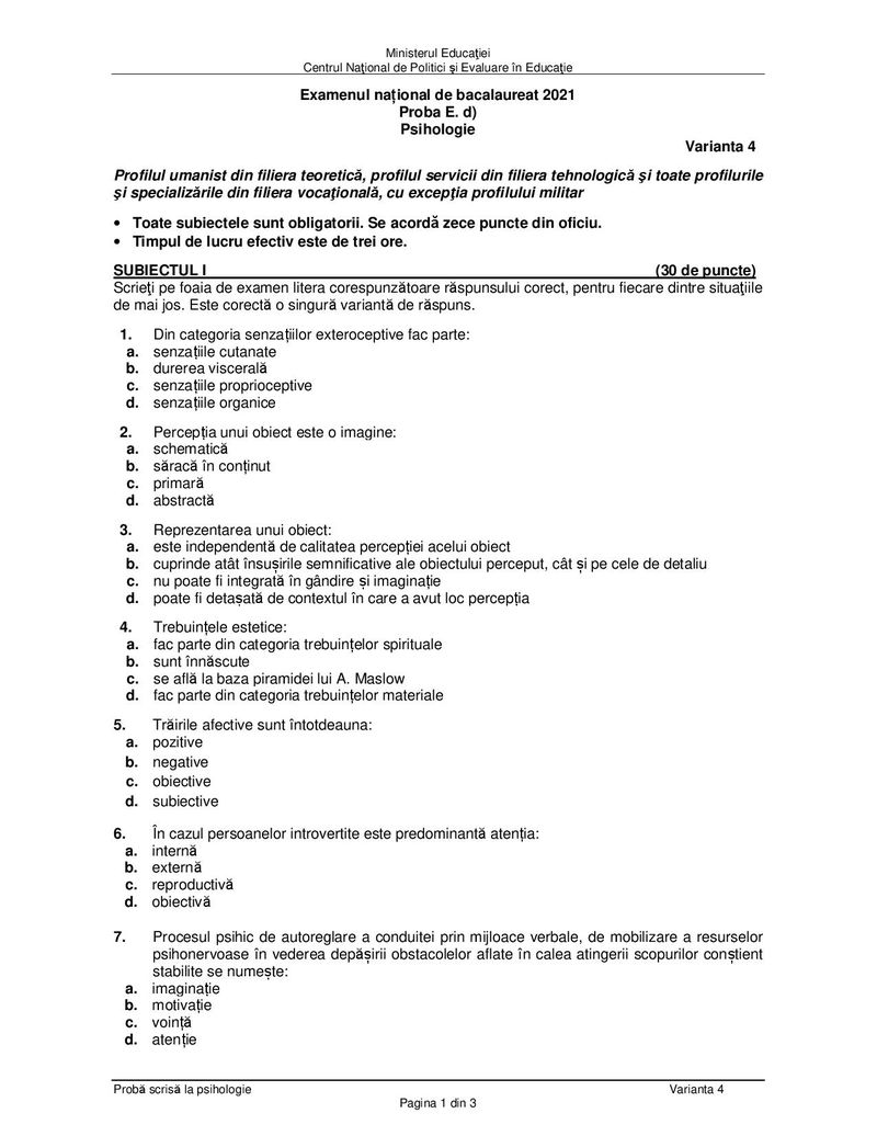 Subiecte BACALAUREAT 2021, sesiunea de toamna - Proba la alegere, profil uman