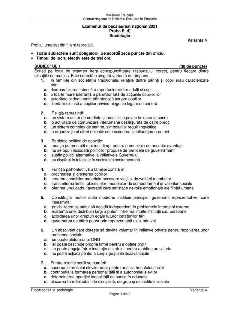 Subiecte BACALAUREAT 2021, sesiunea de toamna - Proba la alegere, profil uman