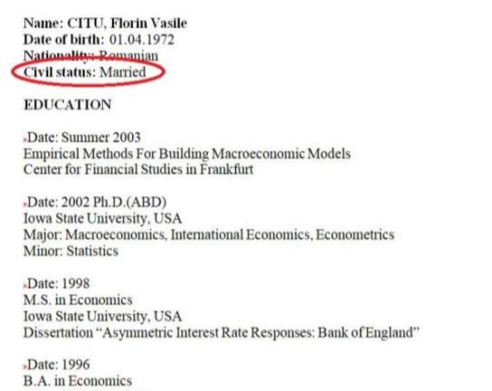În CV-ul din 2006, Florin Cîțu ar fi completat că este căsătorit