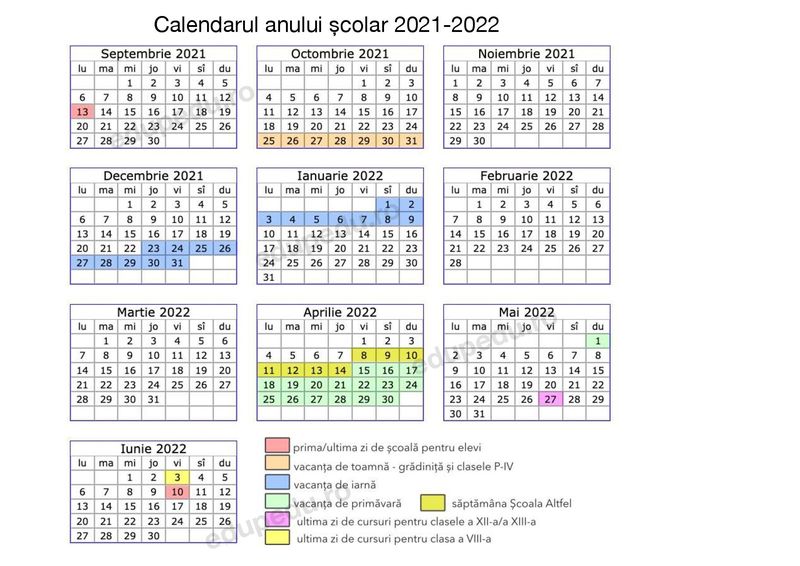 Calendarul anului școlar 2021-2022